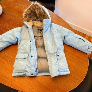 Lands' End Goosedown Blue and Brown Puffer Jacket with Fur Hood